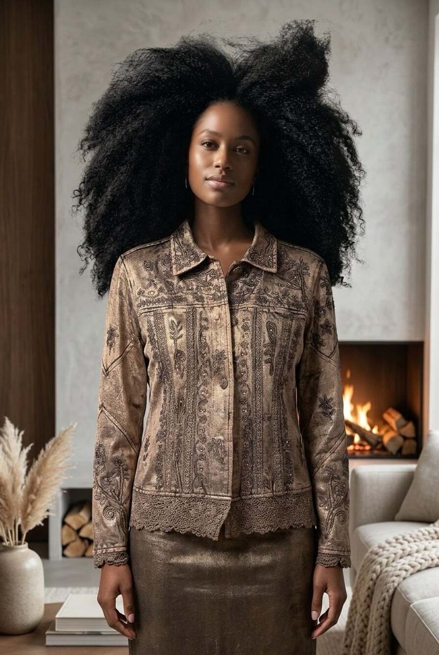 Flashback Vintage Embroidered and Beaded Bronze Jacket with Crochet Hem